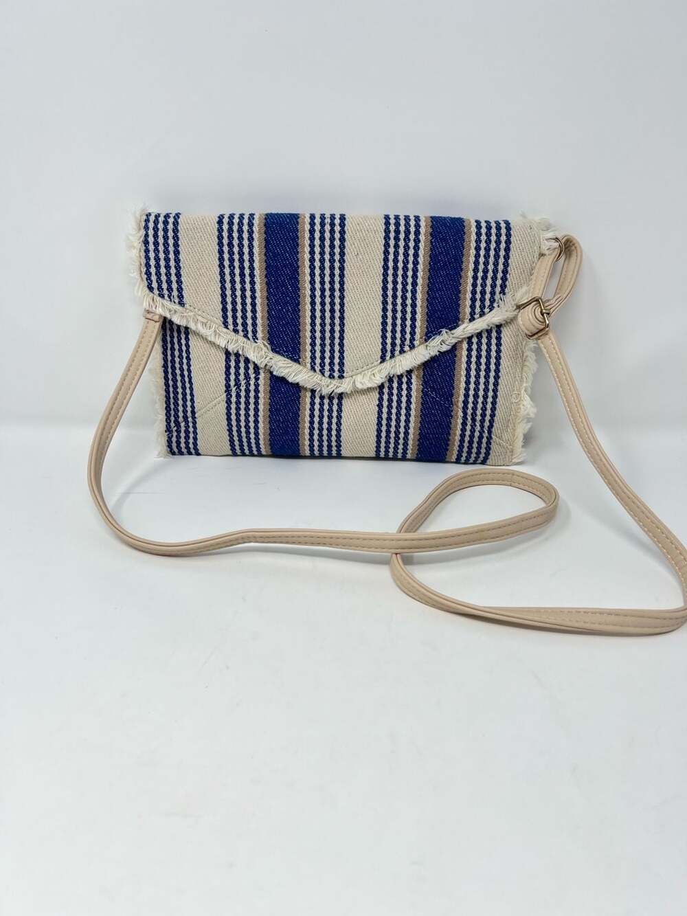 Boho Woven Striped Envelope Clutch Bag with Fringe and Beige Strap